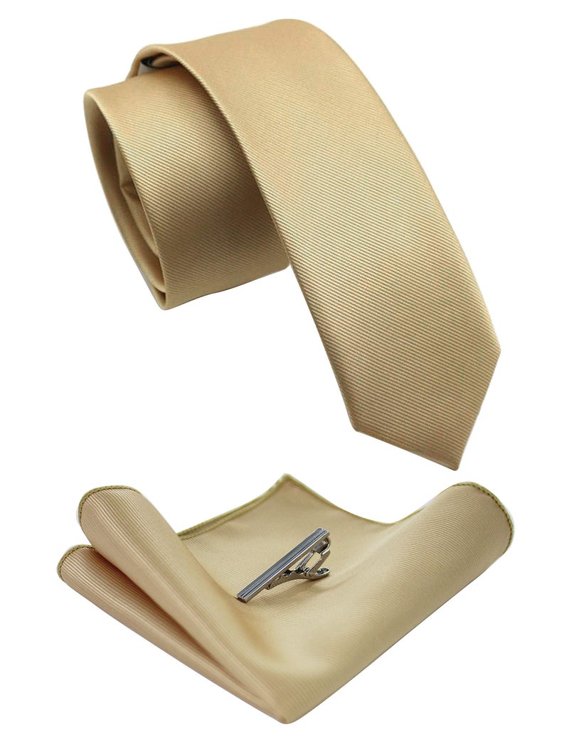 JEMYGINS 2.4" Gold Skinny Tie and Pocket Square with Tie Clip Silk slim Necktie Sets for Men - Image 1